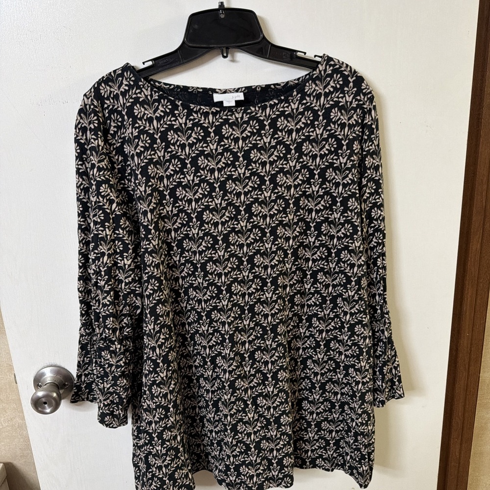 J Jill Top L Black/tan Print 3/4 Tie Sleeves Scoop Neck Pullover